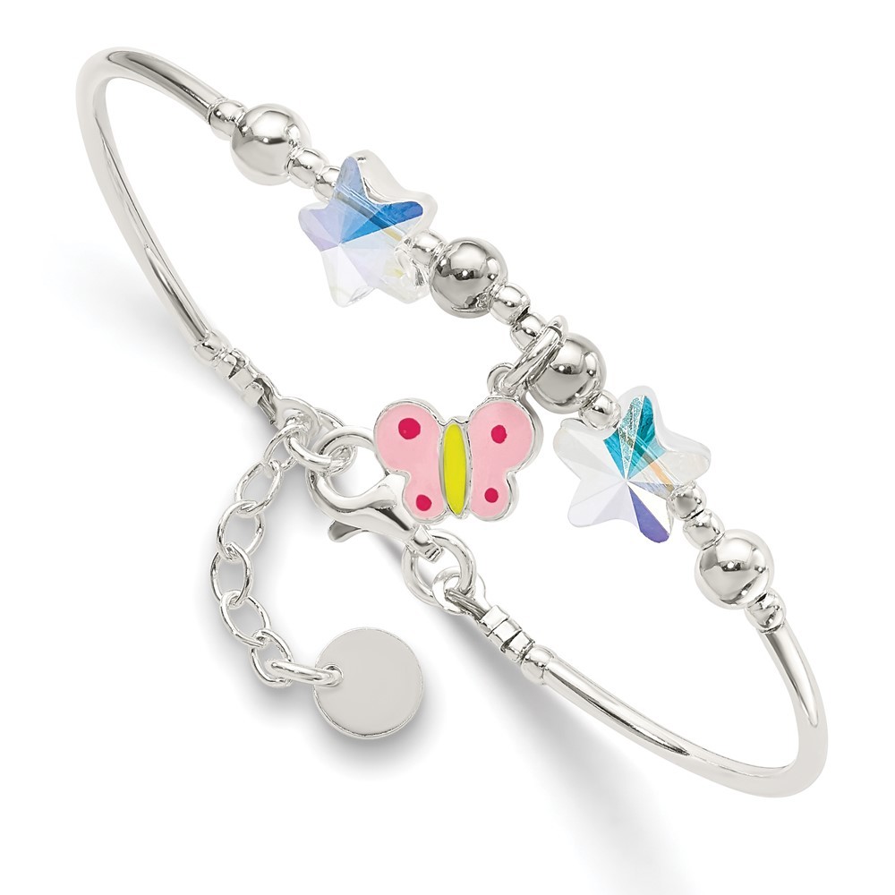925 Sterling Silver Enamel Crystal Butterfly Stars 6" Children's Bracelet